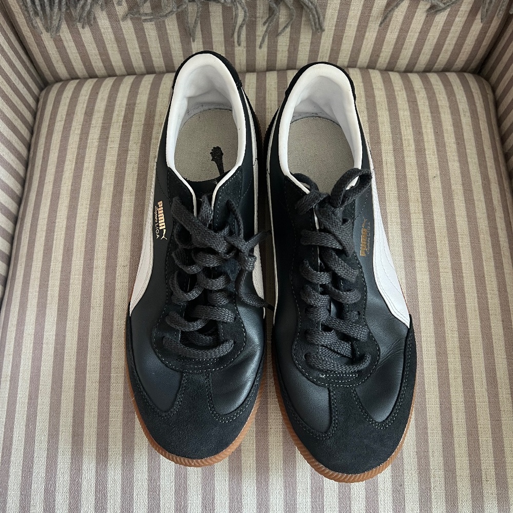 Puma Leather & Suede Super Liga Sneaker Black & White with Gold Text